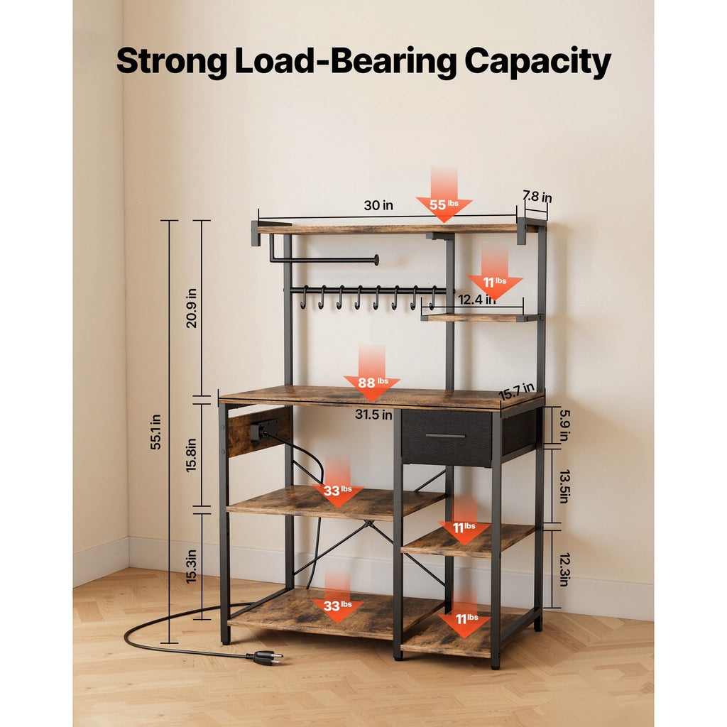 Kitchen Bakers Rack with Built-In Power Strip and Triple Stability