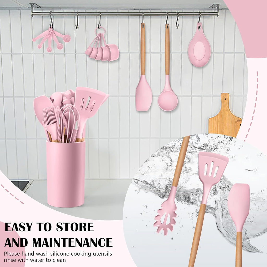 Complete 23-Piece Silicone Kitchen Utensils Set with Holder – Pink