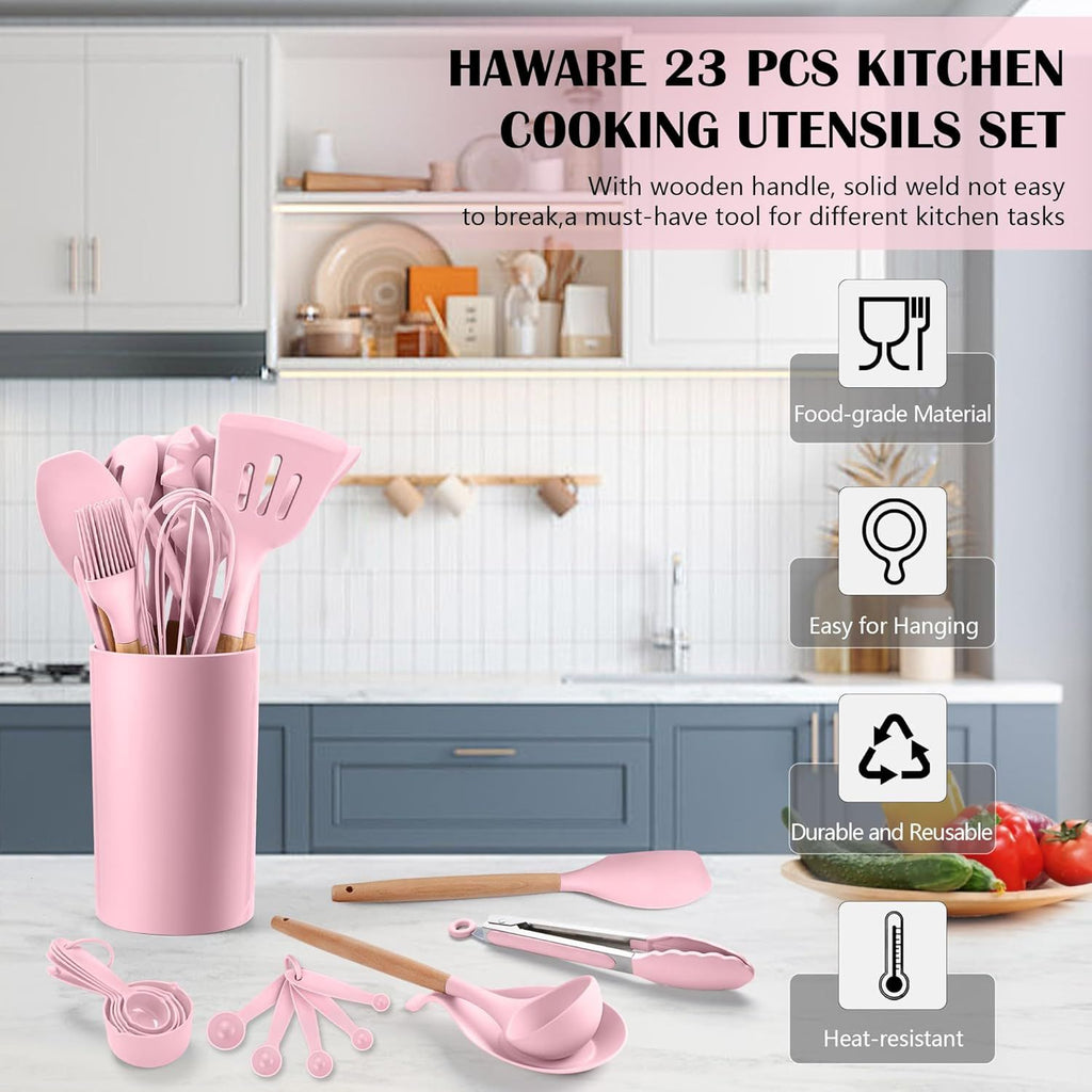 Complete 23-Piece Silicone Kitchen Utensils Set with Holder – Pink