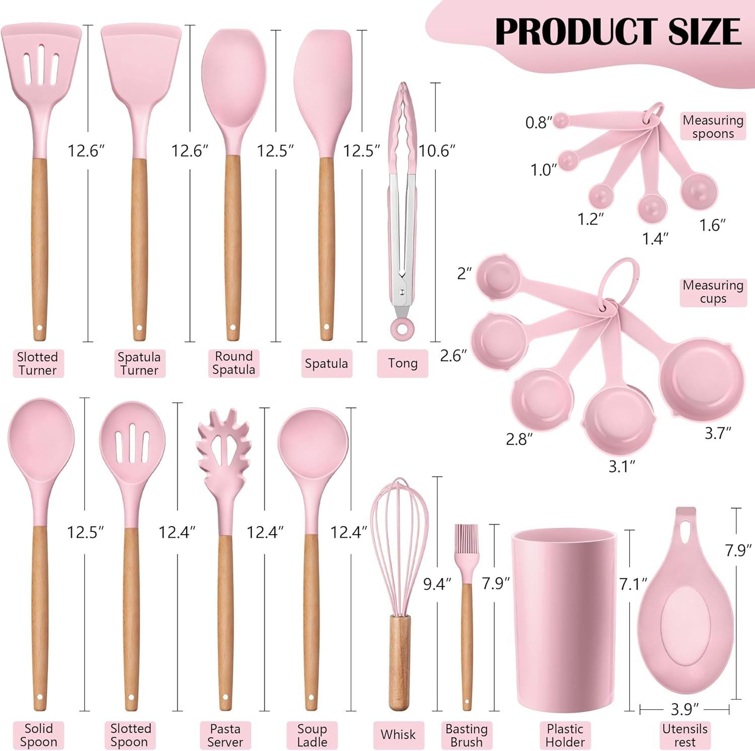 Complete 23-Piece Silicone Kitchen Utensils Set with Holder – Pink