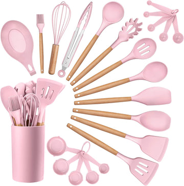 Complete 23-Piece Silicone Kitchen Utensils Set with Holder – Pink