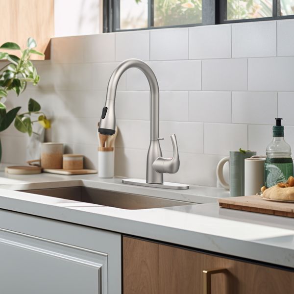 Brushed Nickel Kitchen Faucet with Pull Down Sprayer and 4 Spraying Modes