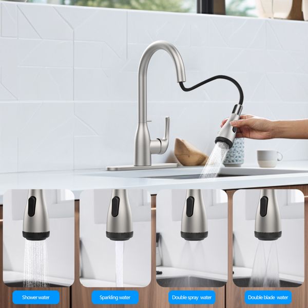 Brushed Nickel Kitchen Faucet with Pull Down Sprayer and 4 Spraying Modes