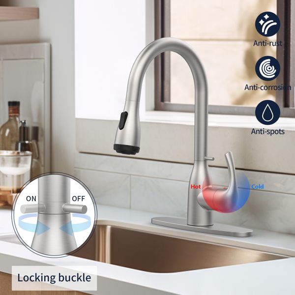 Brushed Nickel Kitchen Faucet with Pull Down Sprayer and 4 Spraying Modes