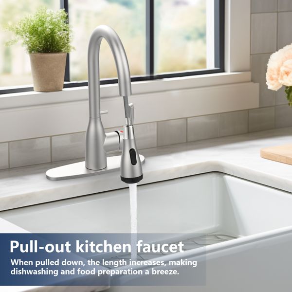 Brushed Nickel Kitchen Faucet with Pull Down Sprayer and 4 Spraying Modes