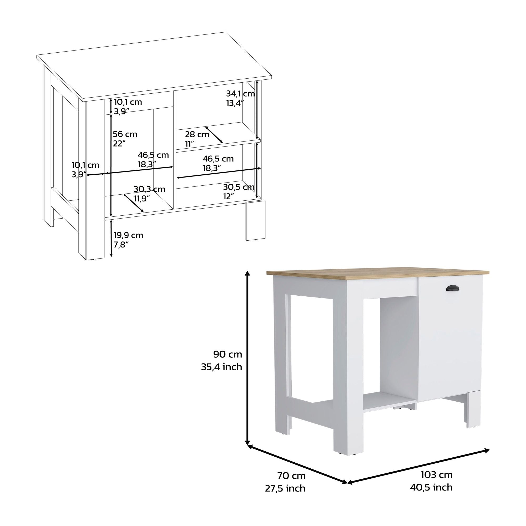 White and Macadamia Kitchen Island with Cabinet Storage