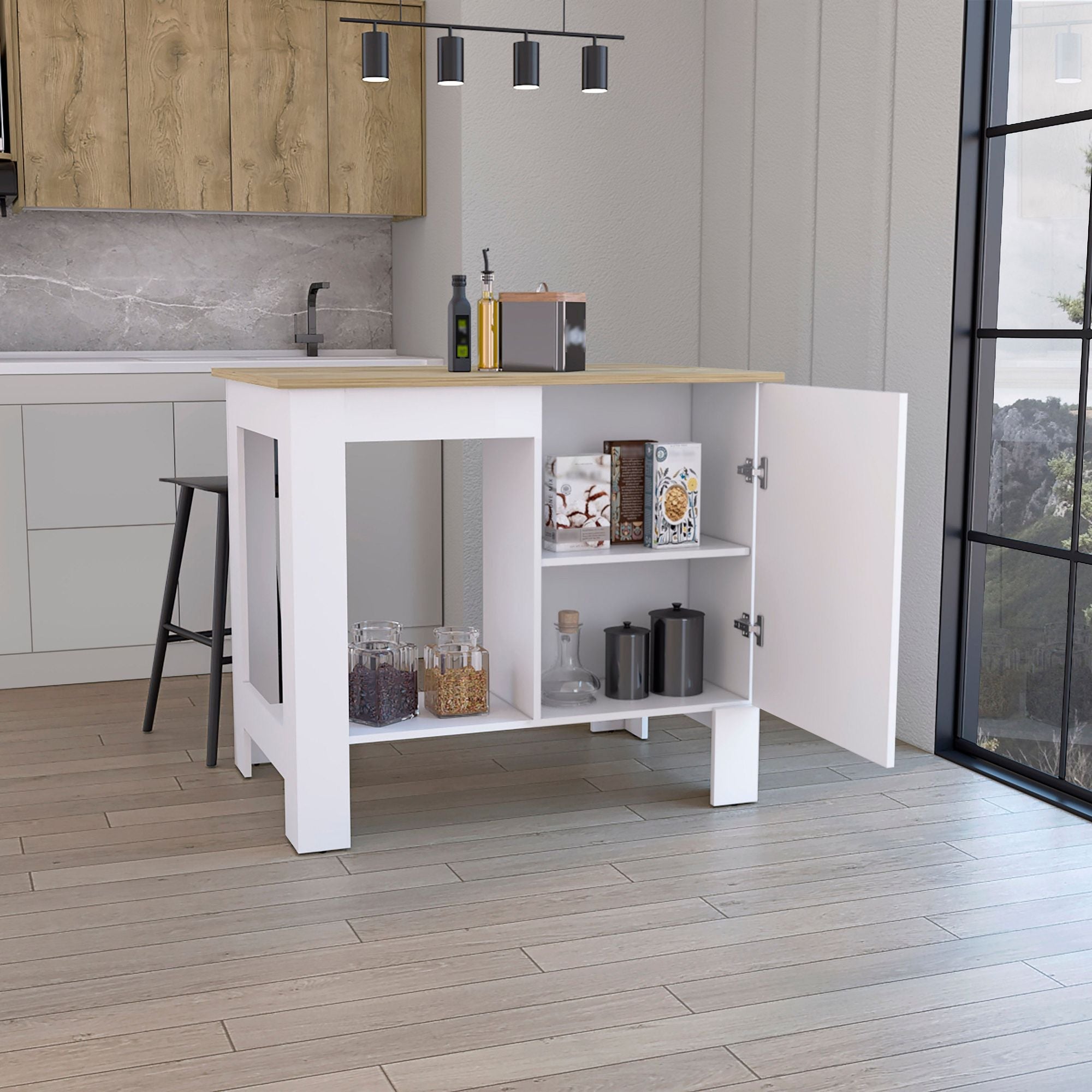 White and Macadamia Kitchen Island with Cabinet Storage