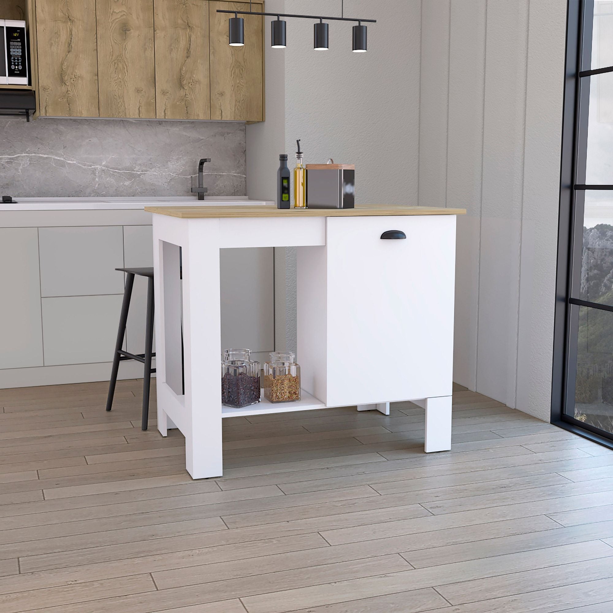 White and Macadamia Kitchen Island with Cabinet Storage
