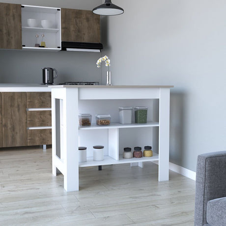 Antibacterial Kitchen Island with Three Shelves, Light Gray/White Finish