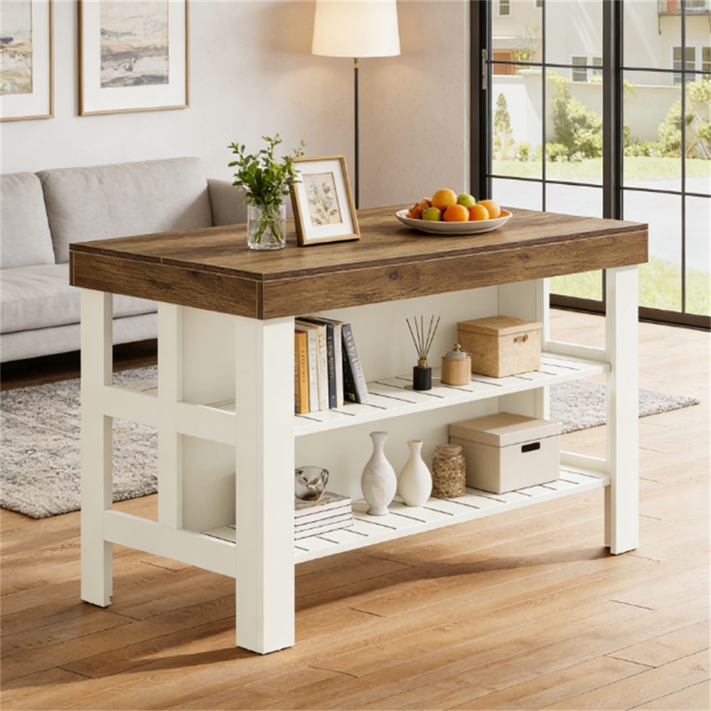 Farmhouse Kitchen Island with Open Shelving and Seating