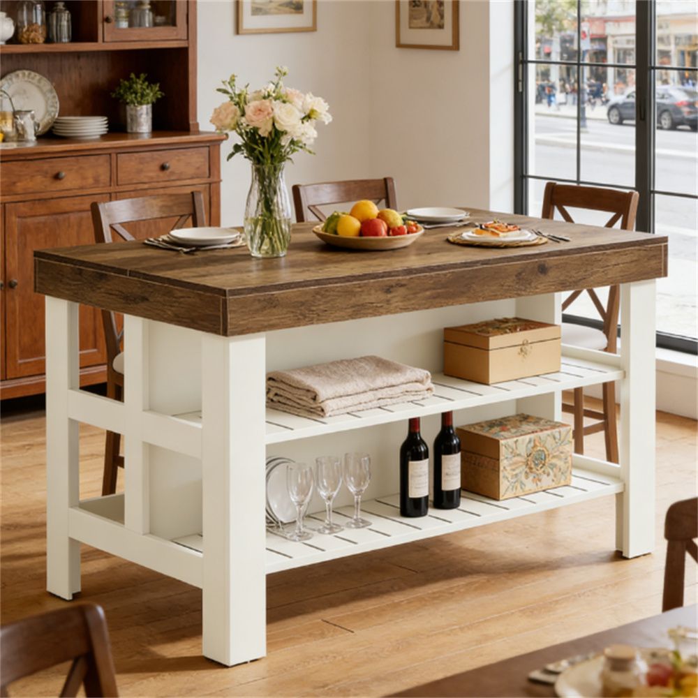 Farmhouse Kitchen Island with Open Shelving and Seating