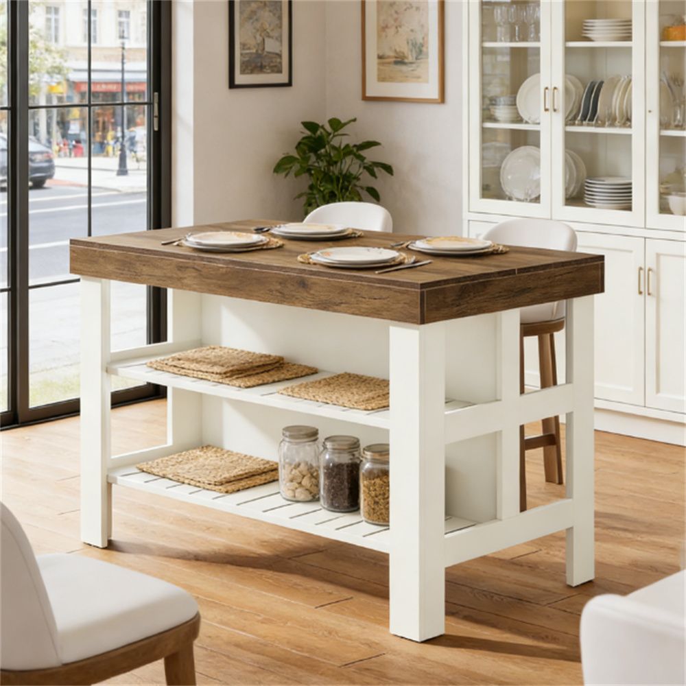 Farmhouse Kitchen Island with Open Shelving and Seating