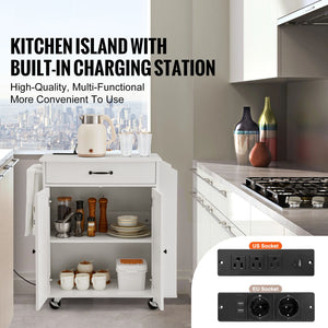 Kitchen Island Cart with Power Strip and Storage – Mobile Rolling Table for Dining and Living Room