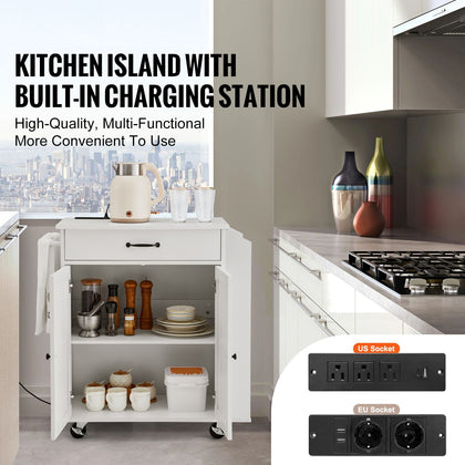 Kitchen Island Cart with Power Strip and Storage – Mobile Rolling Table for Dining and Living Room