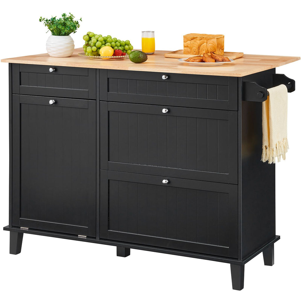 50- Kitchen Island Cart with Trash Cabinet and Drop Leaf