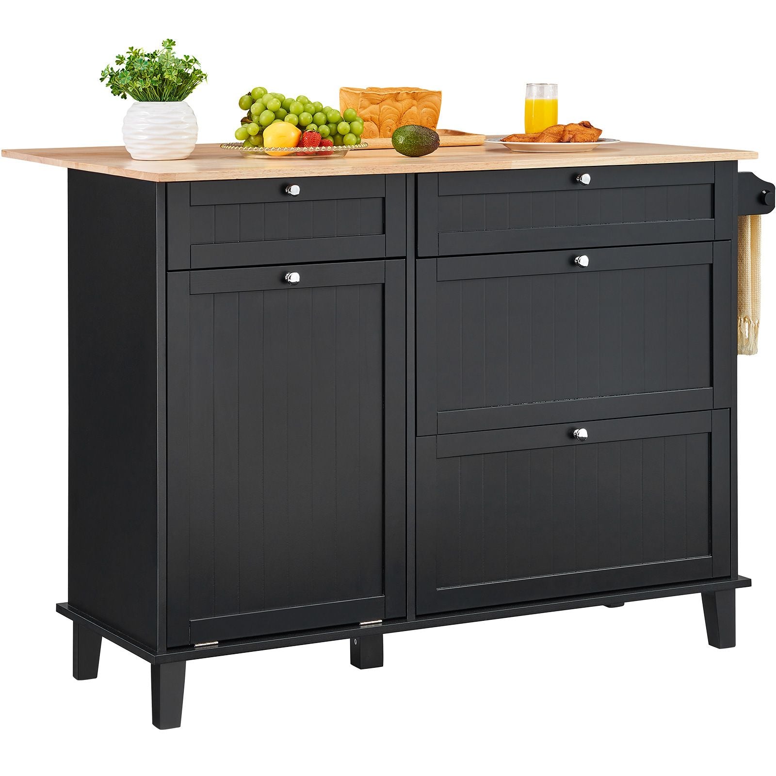 50- Kitchen Island Cart with Trash Cabinet and Drop Leaf