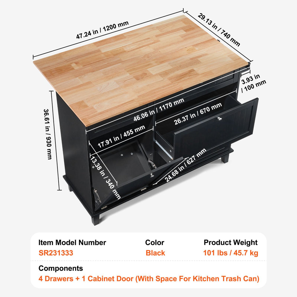 50- Kitchen Island Cart with Trash Cabinet and Drop Leaf