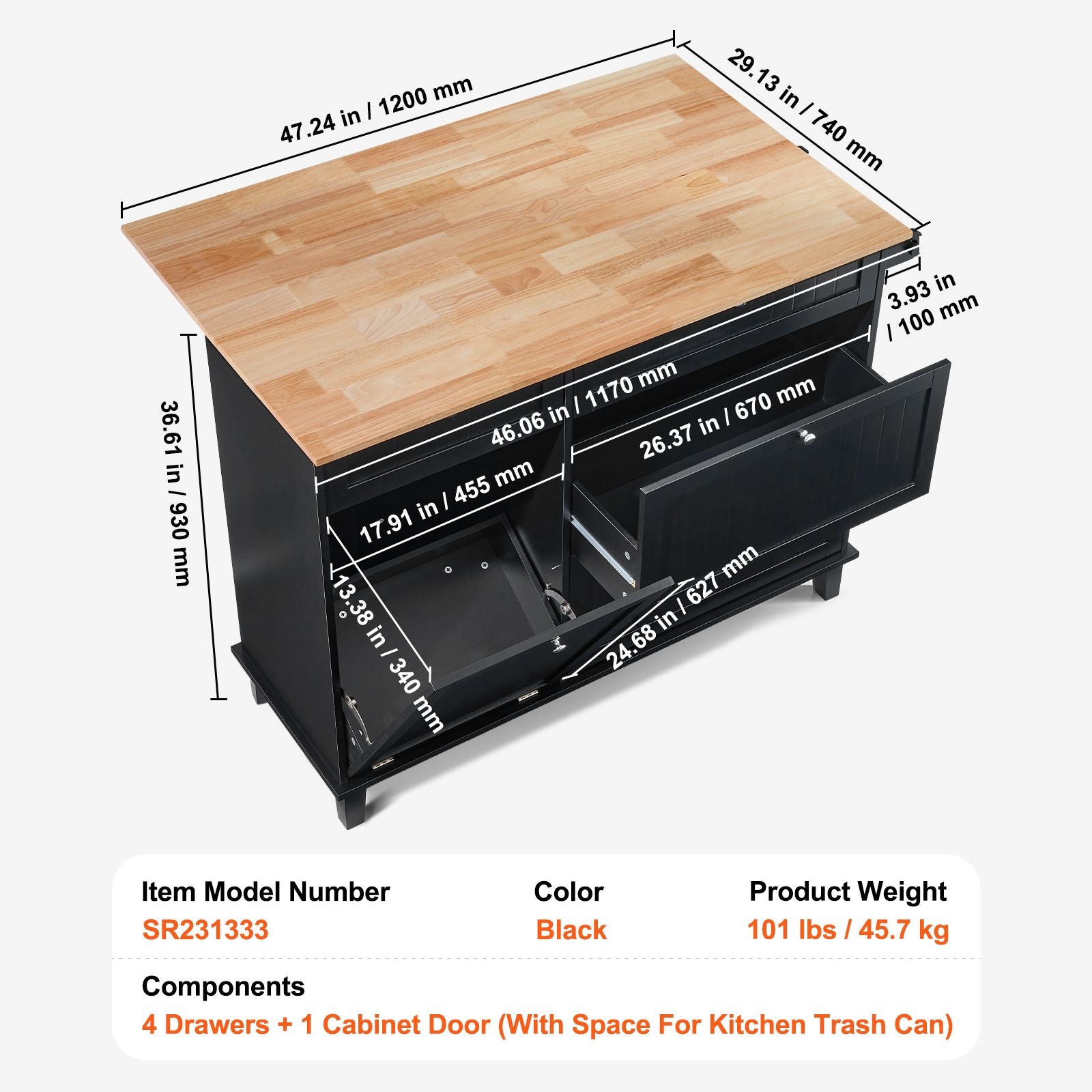 50- Kitchen Island Cart with Trash Cabinet and Drop Leaf