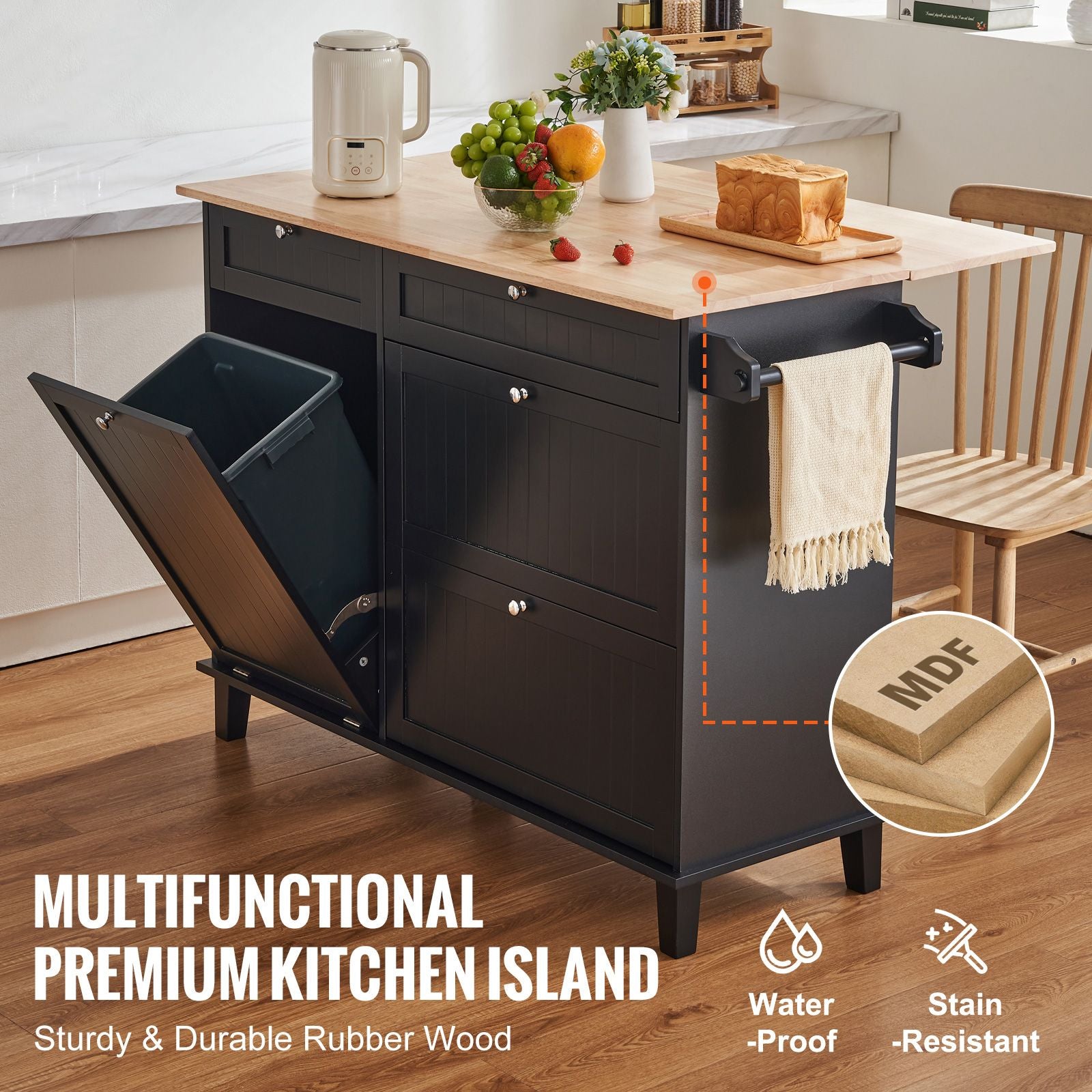 50- Kitchen Island Cart with Trash Cabinet and Drop Leaf