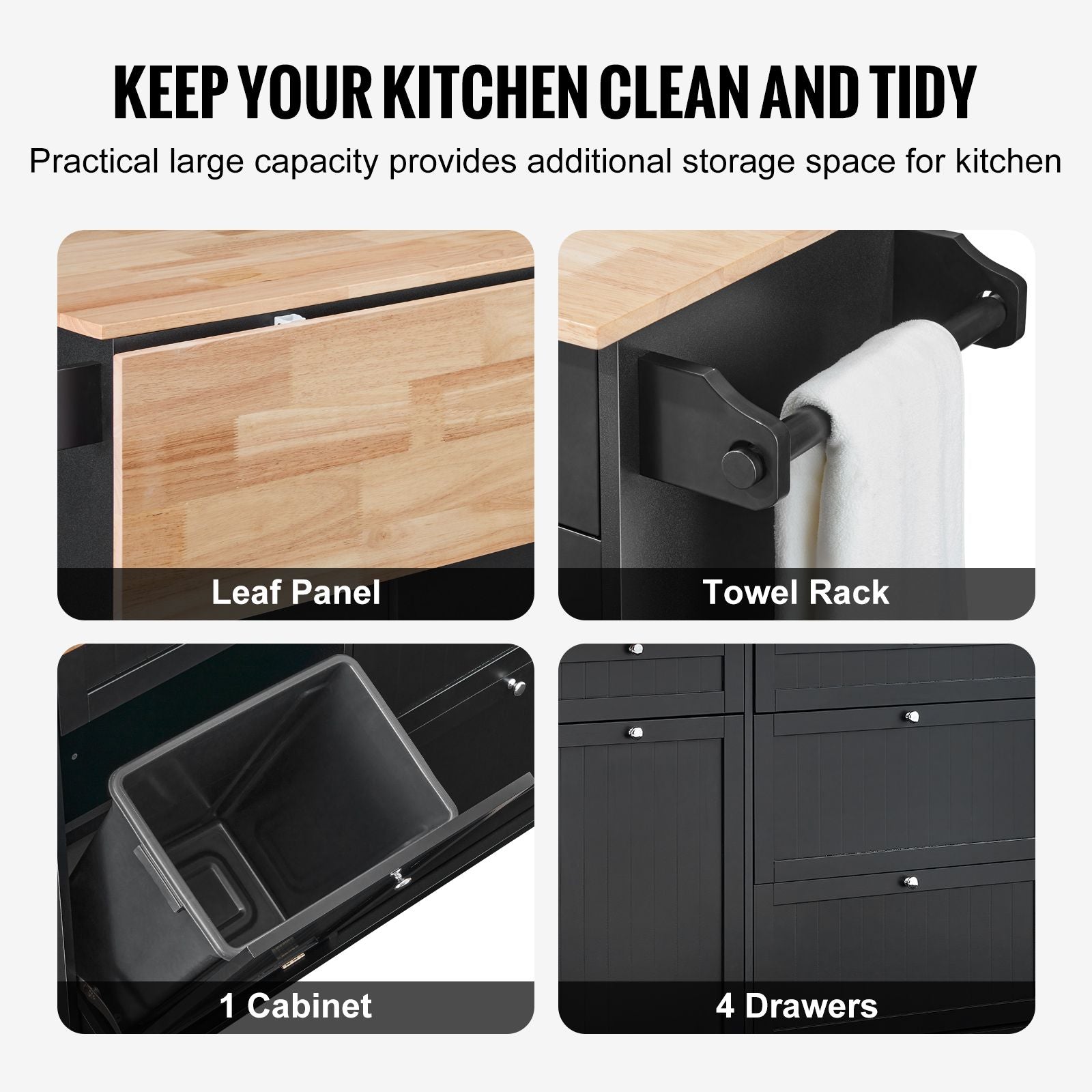 50- Kitchen Island Cart with Trash Cabinet and Drop Leaf