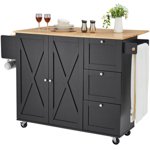 56- Kitchen Island Cart with Solid Wood Top, Drop Leaf, and Spice Rack