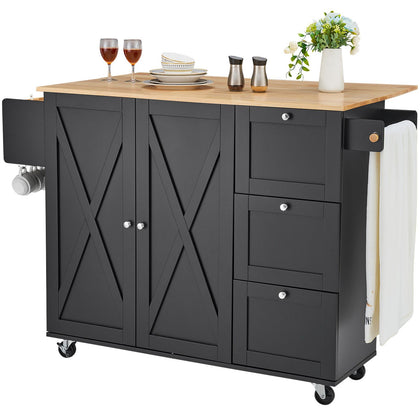 56- Kitchen Island Cart with Solid Wood Top, Drop Leaf, and Spice Rack