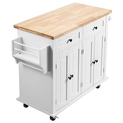 White Kitchen Island Cart with Solid Wood Top and Lockable Storage