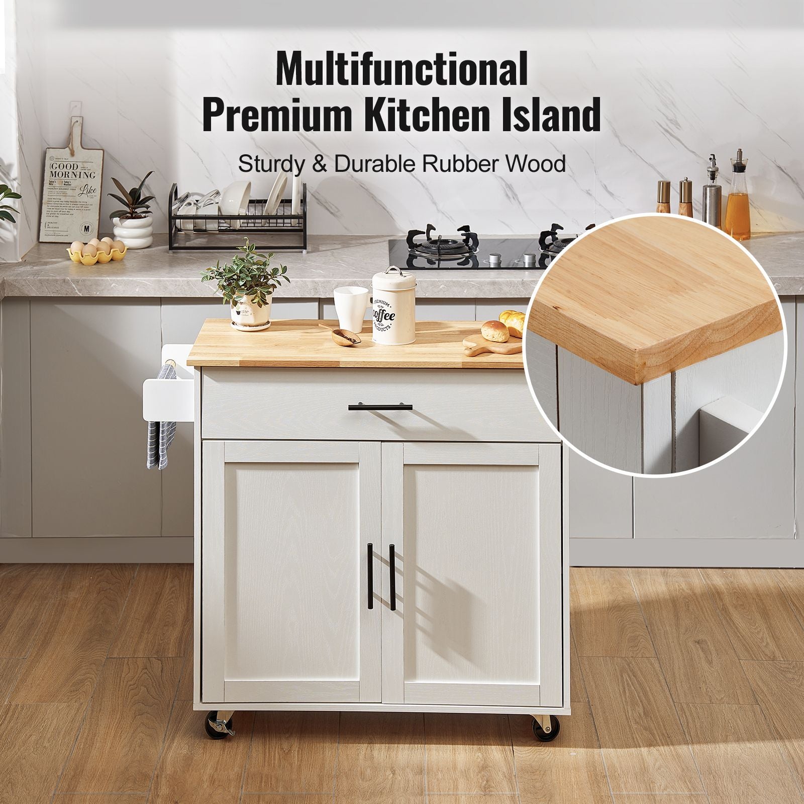 Mobile Kitchen Island with Drop Leaf and Storage Cabinet