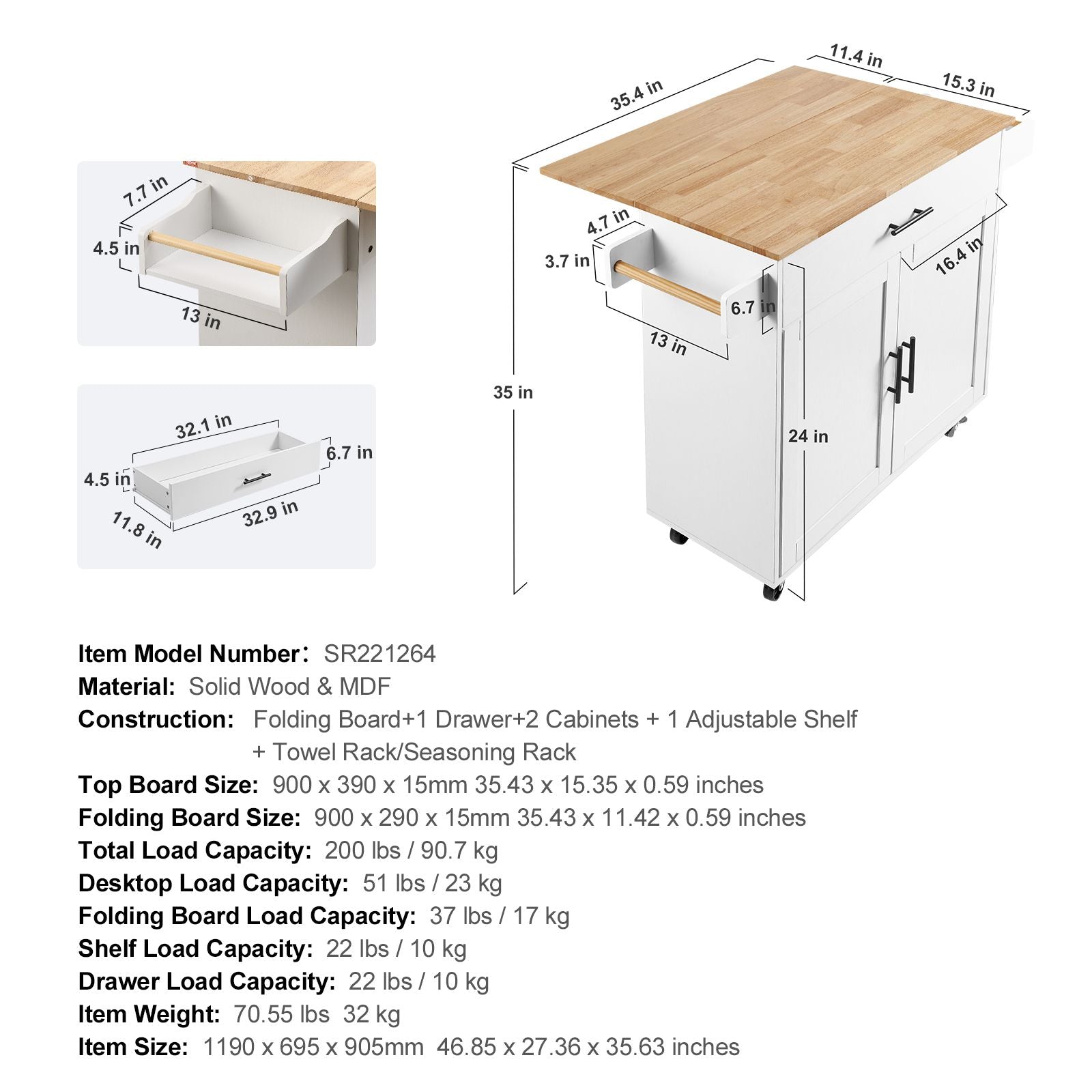 Mobile Kitchen Island with Drop Leaf and Storage Cabinet