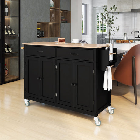 Kitchen Cart with Solid Wood Top, 4 Doors, Drawers, Spice Rack, and Locking Wheels