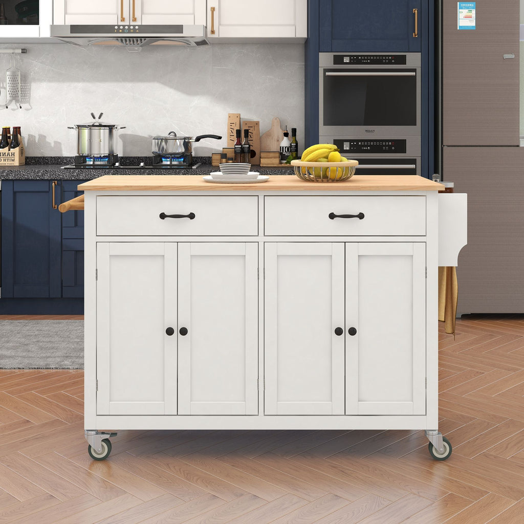 Large Kitchen Cart with 4-Door Cabinet, Drawers, and Spice Rack