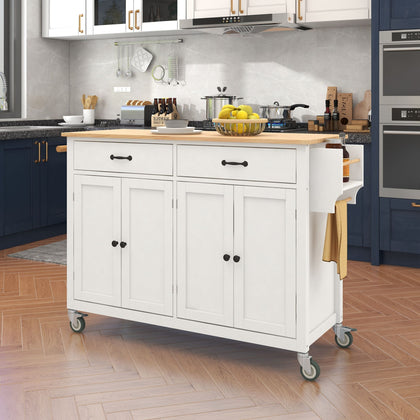 Large Kitchen Cart with 4-Door Cabinet, Drawers, and Spice Rack