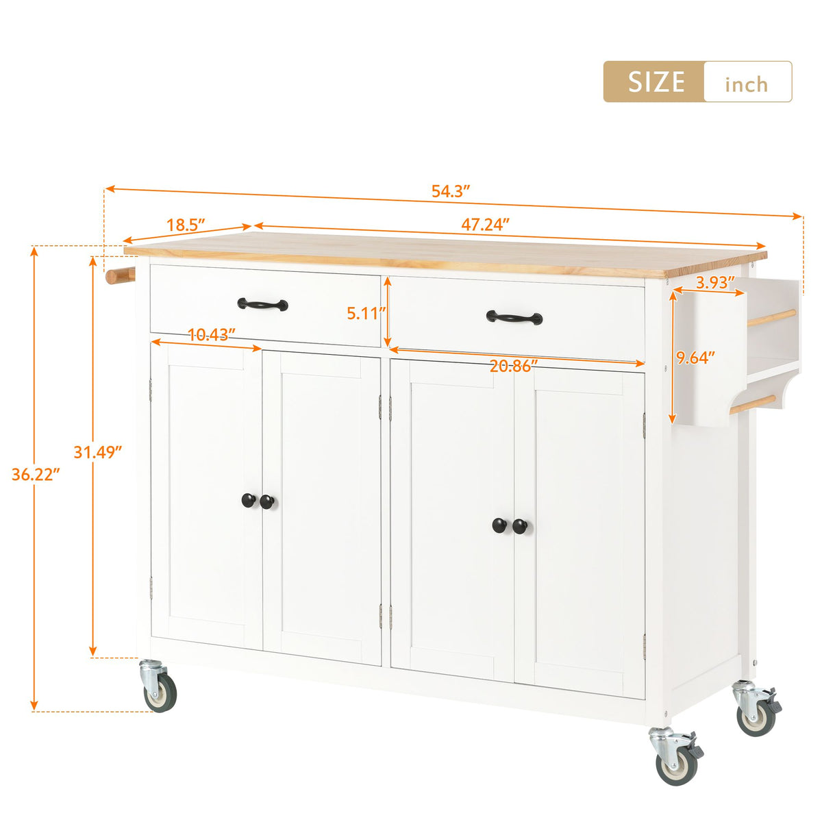 Large Kitchen Cart with 4-Door Cabinet, Drawers, and Spice Rack