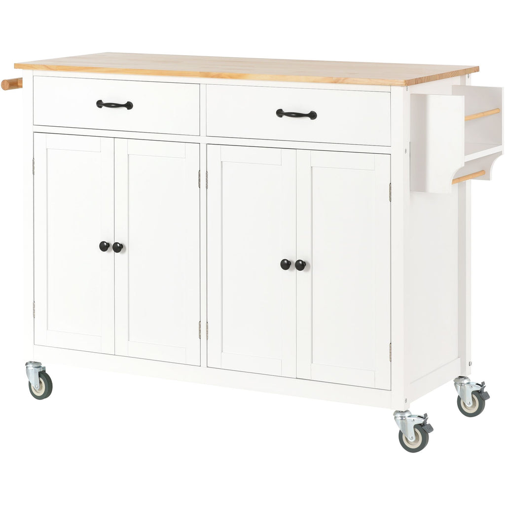 Large Kitchen Cart with 4-Door Cabinet, Drawers, and Spice Rack