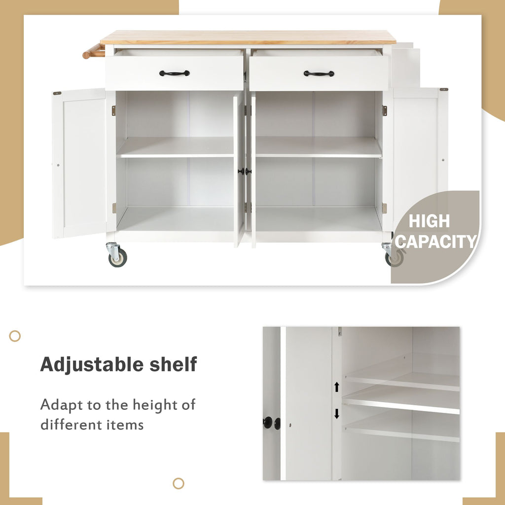 Large Kitchen Cart with 4-Door Cabinet, Drawers, and Spice Rack