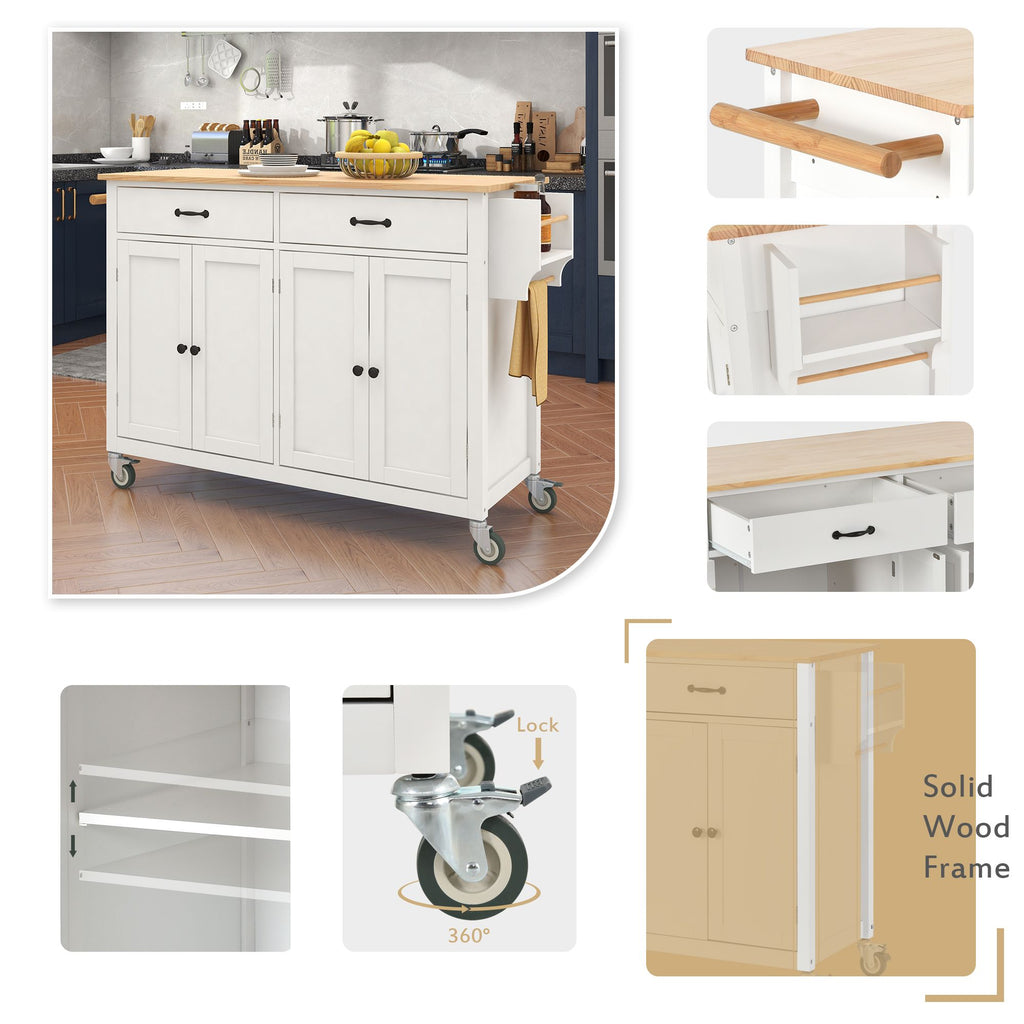 Large Kitchen Cart with 4-Door Cabinet, Drawers, and Spice Rack