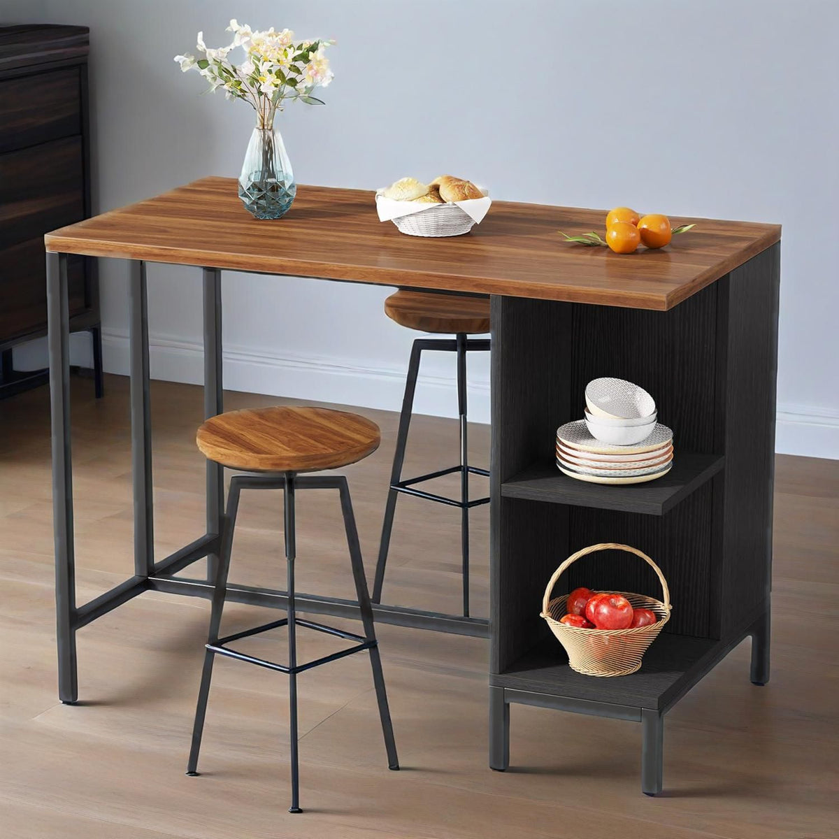 Walnut-Grain Kitchen Island with Open Shelving