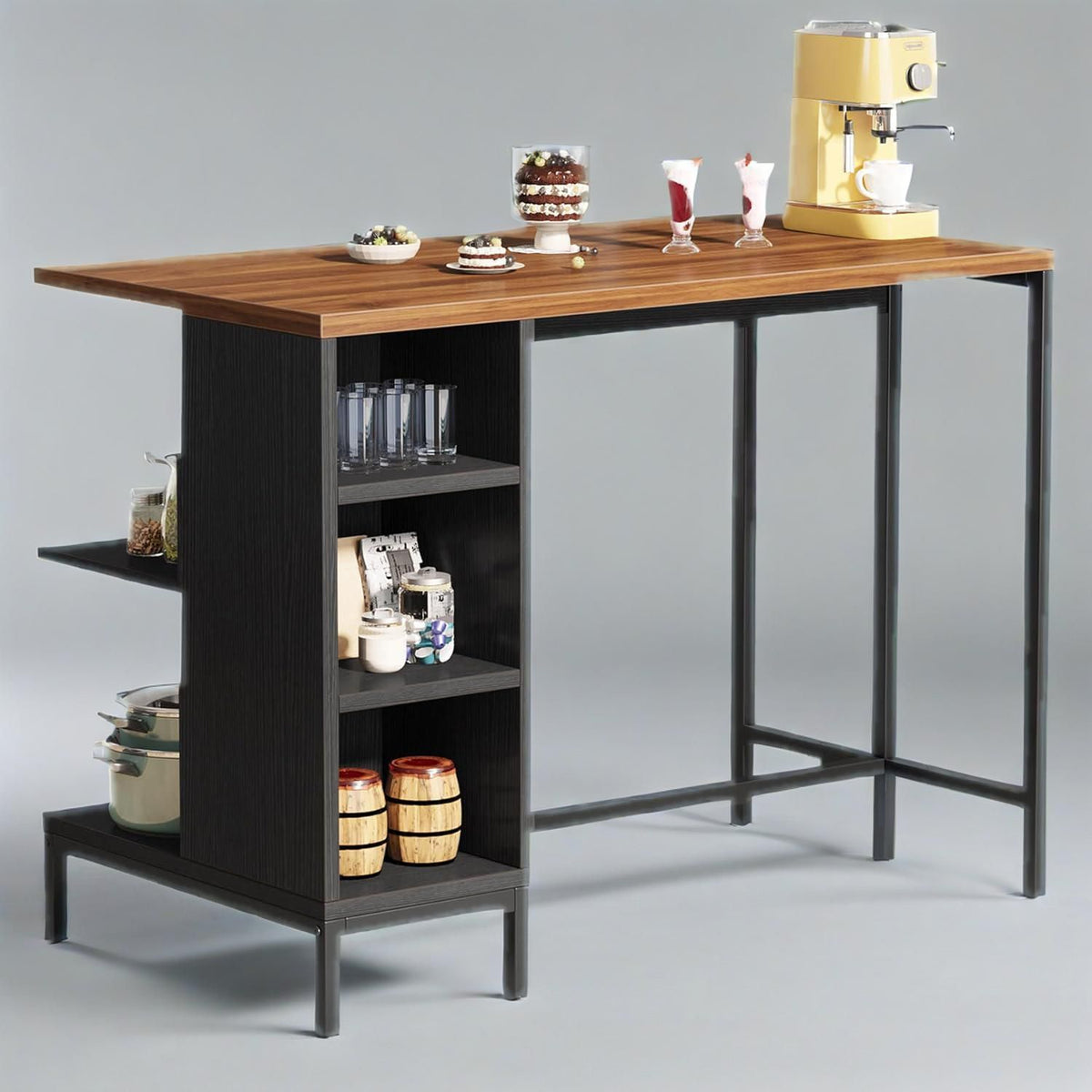 Walnut-Grain Kitchen Island with Open Shelving