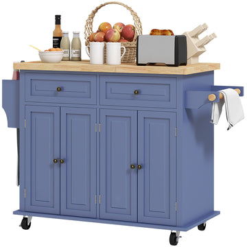 Kitchen Island Cart on Wheels with Rubberwood Top and Spice Rack