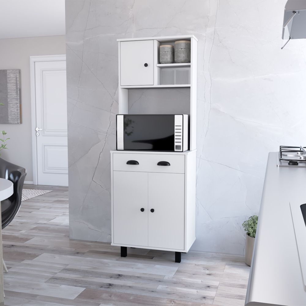 Multi-Function Kitchen Pantry with Open Shelving and Pull-Out Drawer