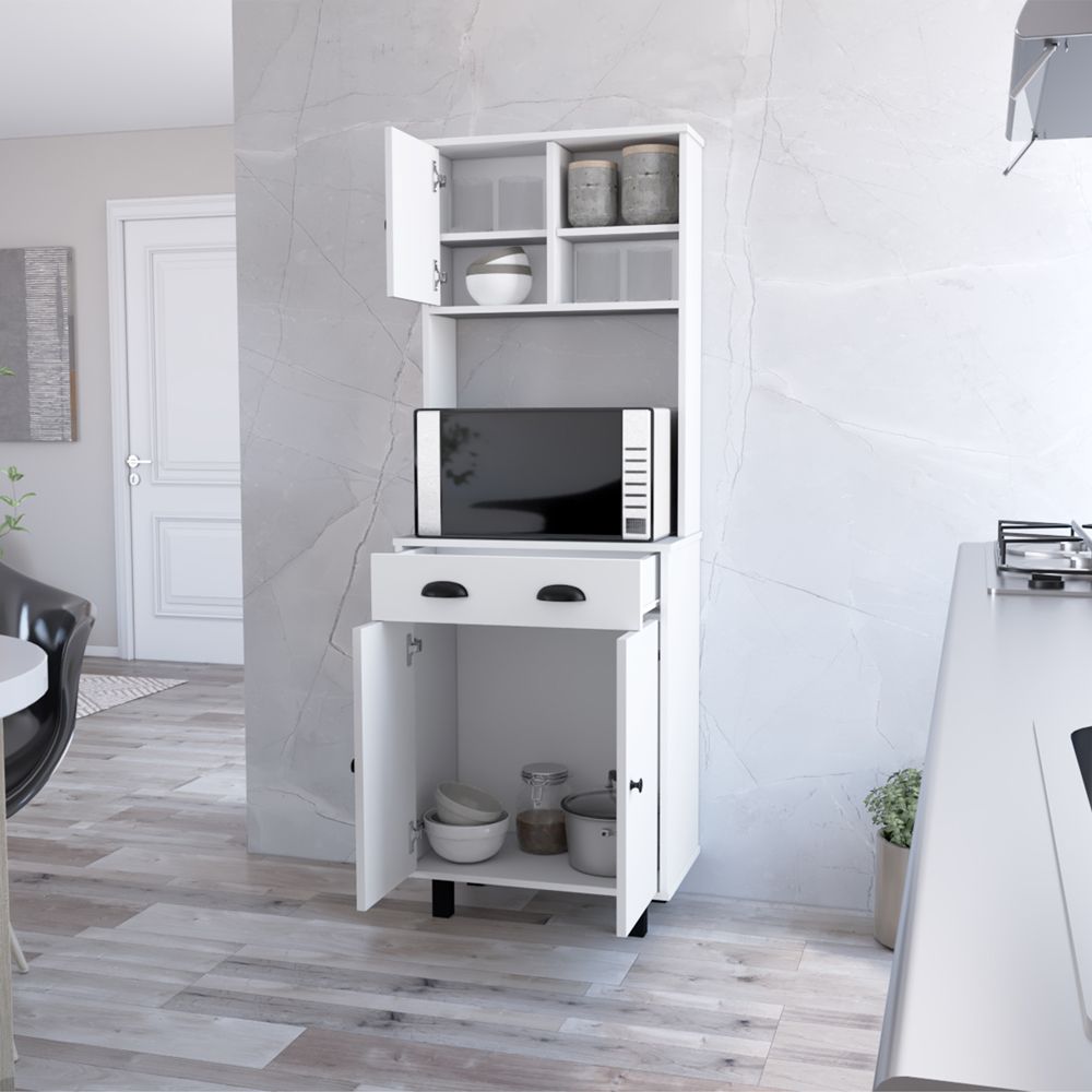 Multi-Function Kitchen Pantry with Open Shelving and Pull-Out Drawer