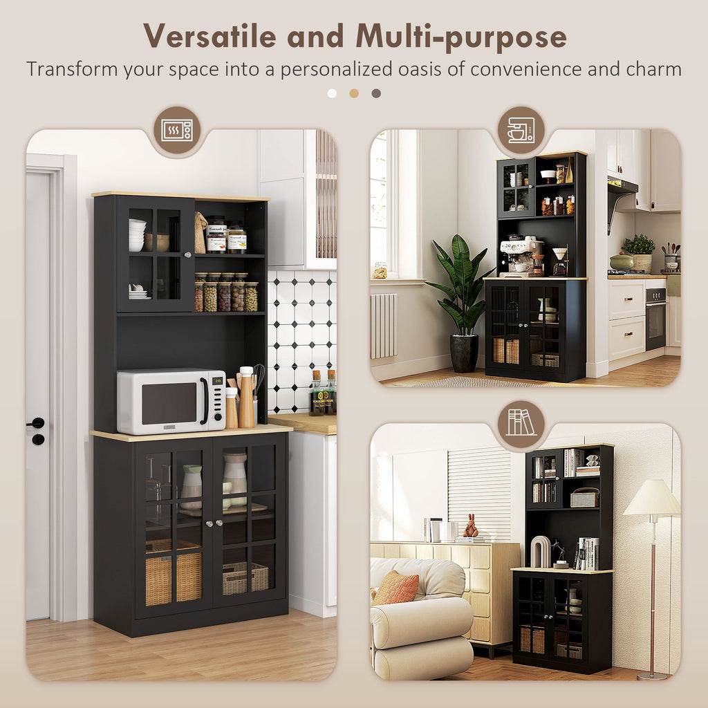 Spacious 72" Kitchen Pantry Cabinet with Glass Doors and Adjustable Shelves