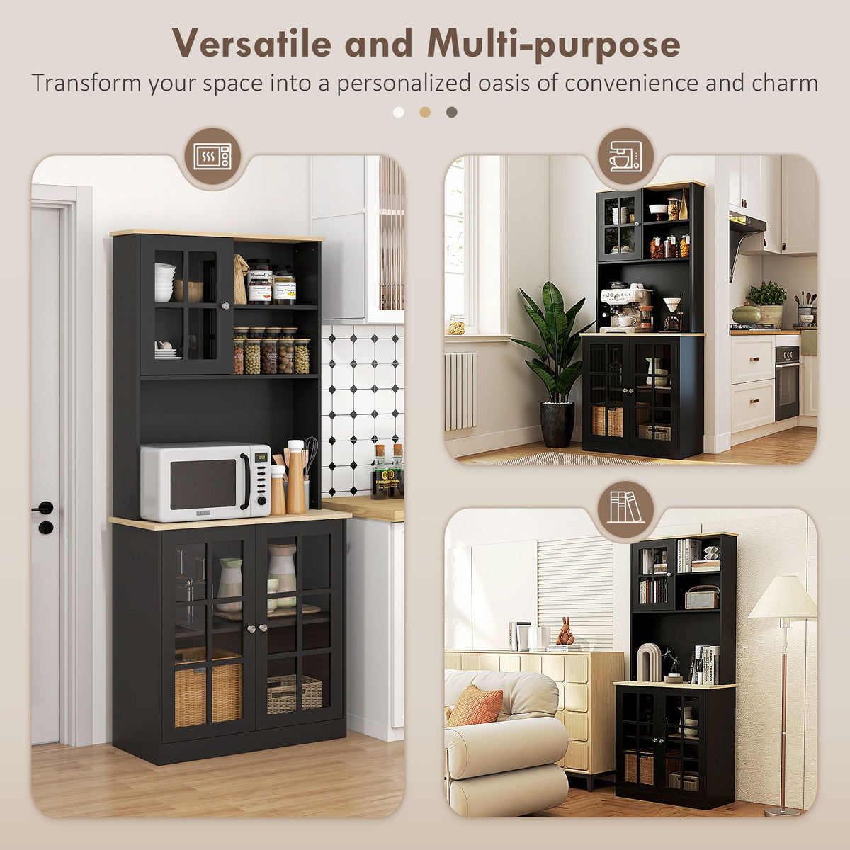 Spacious 72" Kitchen Pantry Cabinet with Glass Doors and Adjustable Shelves