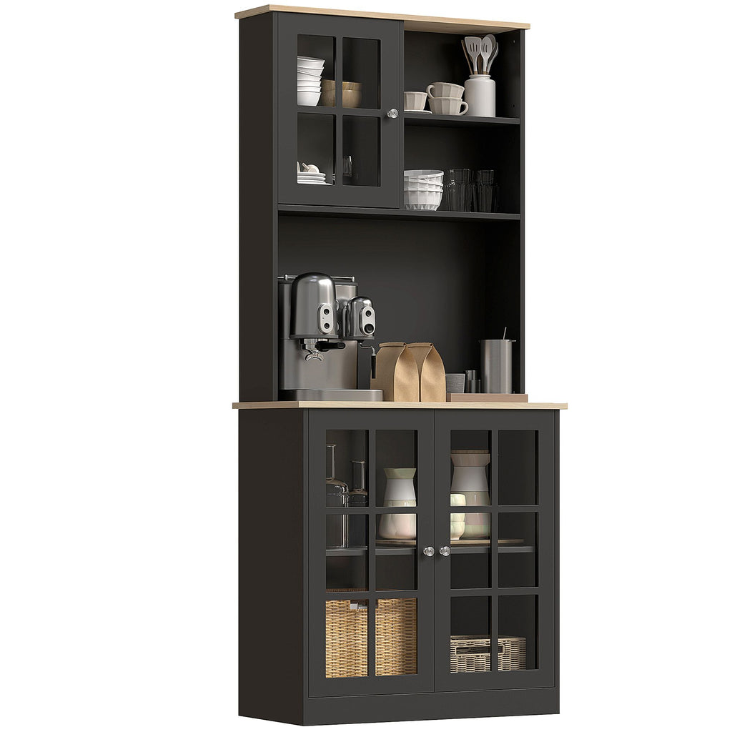 Spacious 72" Kitchen Pantry Cabinet with Glass Doors and Adjustable Shelves