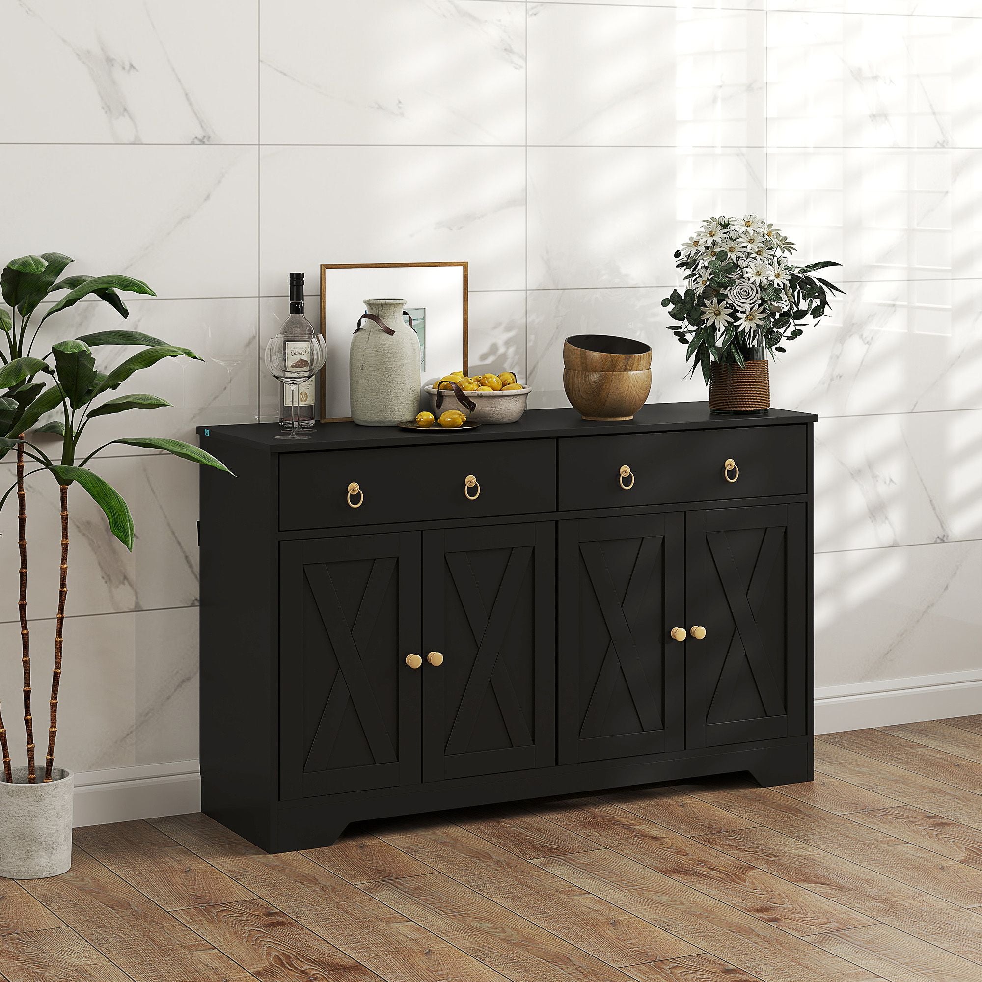 Farmhouse Sideboard Buffet Cabinet with Barn Doors and Adjustable Shelves