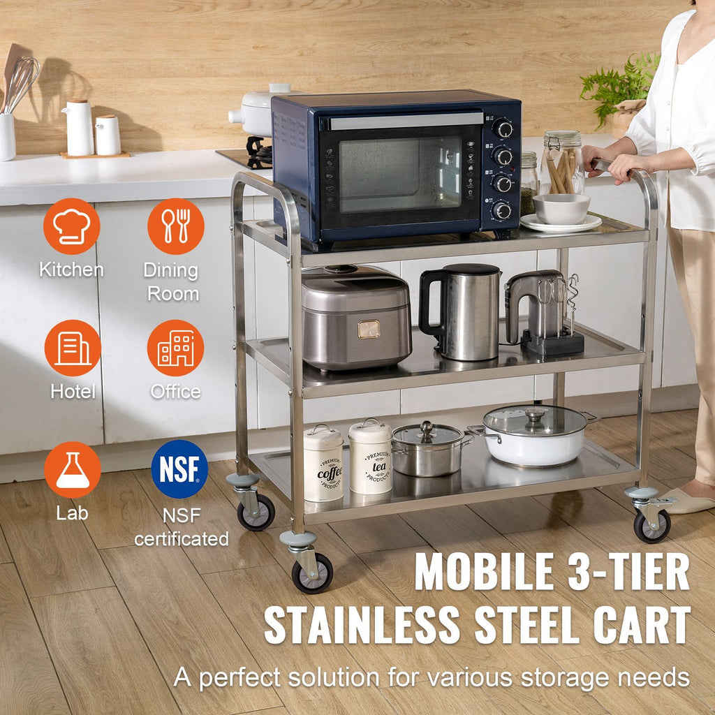 Three-Tier Rolling Utility Cart with Hooks