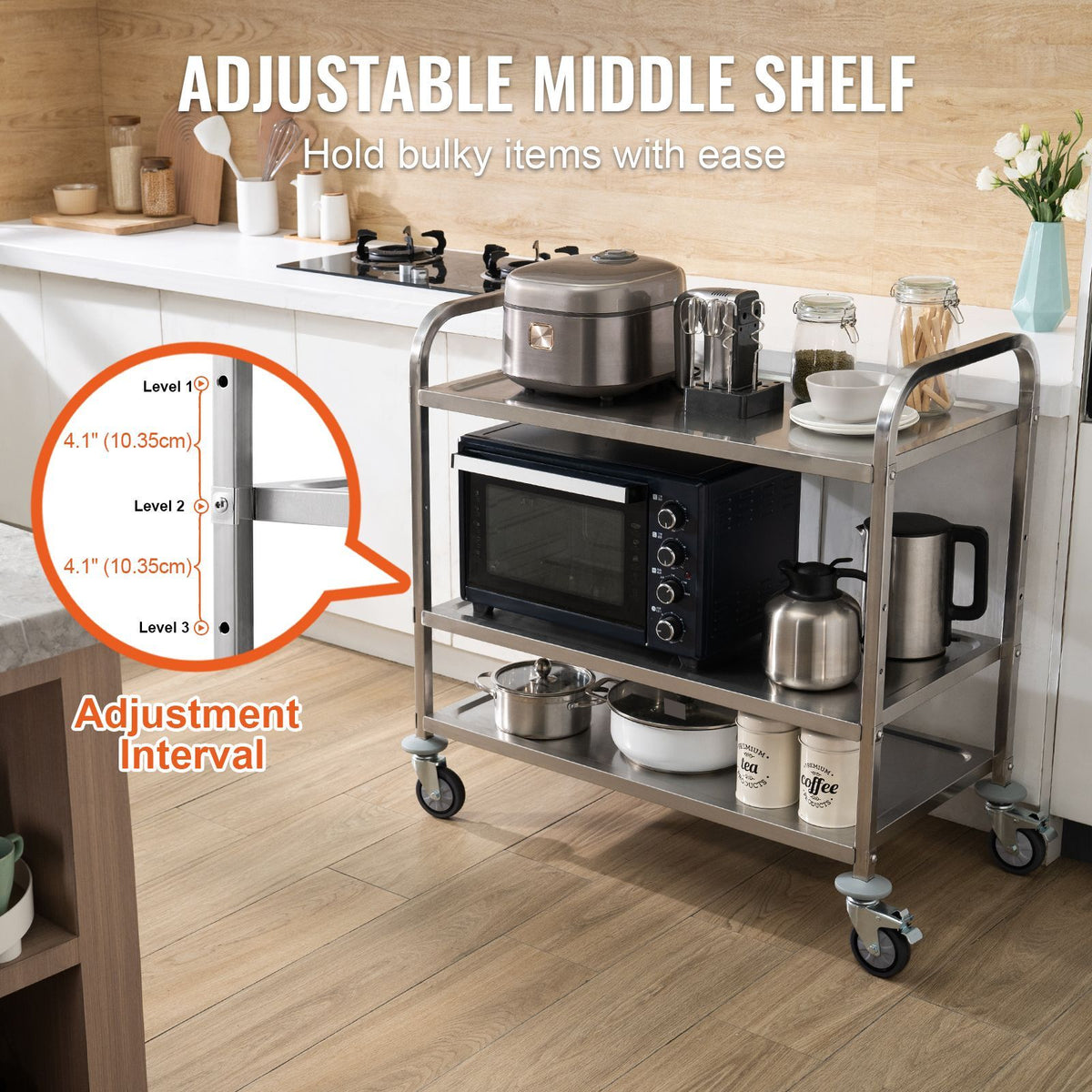 Three-Tier Rolling Utility Cart with Hooks