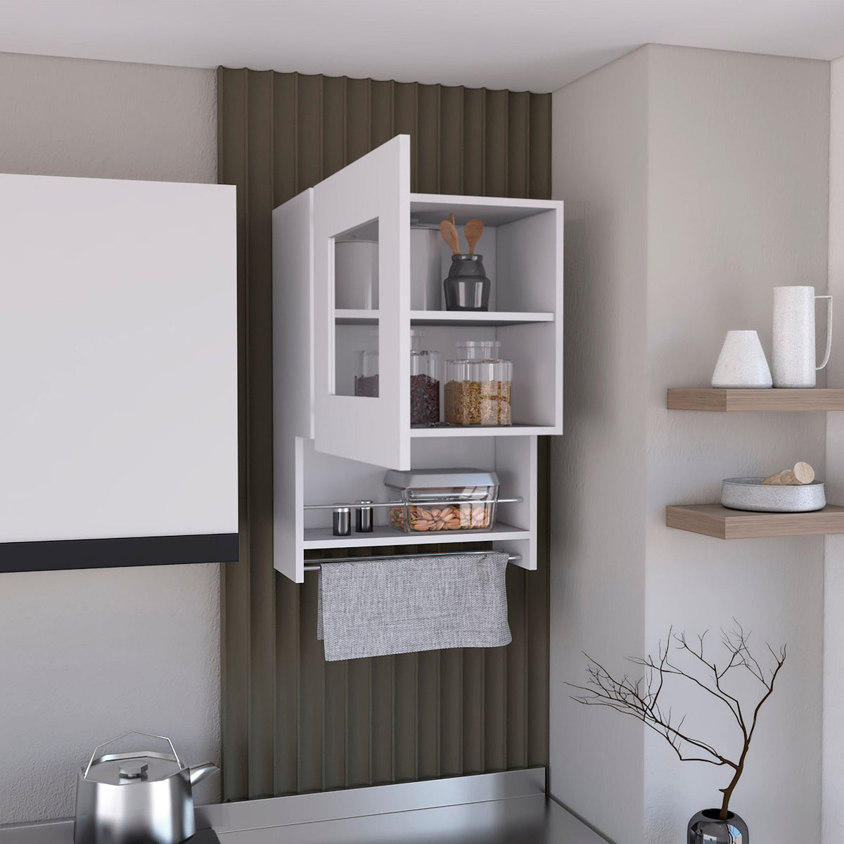 White Kitchen Wall Cabinet with Glass Door, Towel Rack, and Spice Rack