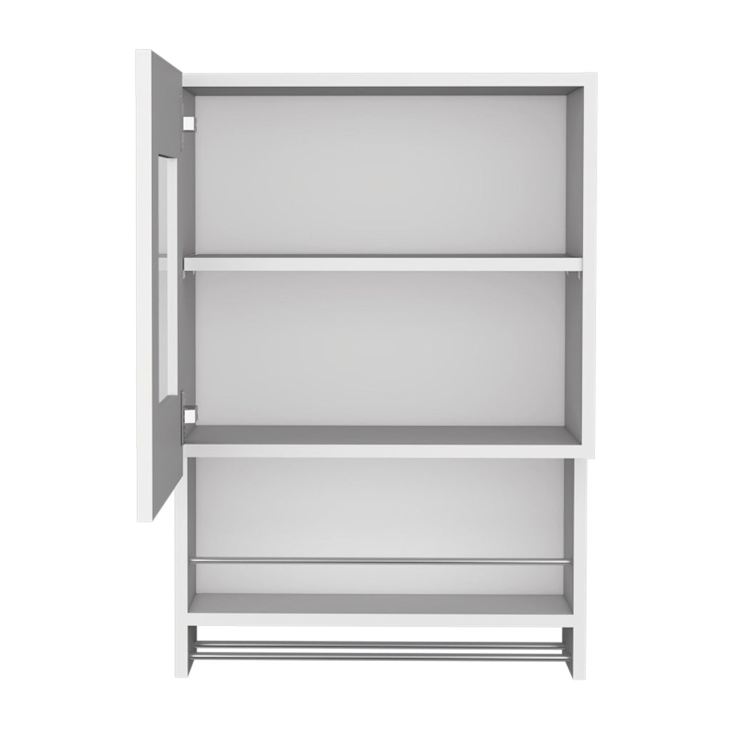 White Kitchen Wall Cabinet with Glass Door, Towel Rack, and Spice Rack