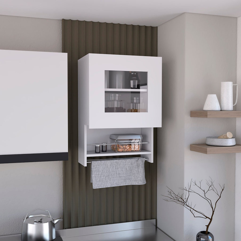 White Kitchen Wall Cabinet with Glass Door, Towel Rack, and Spice Rack